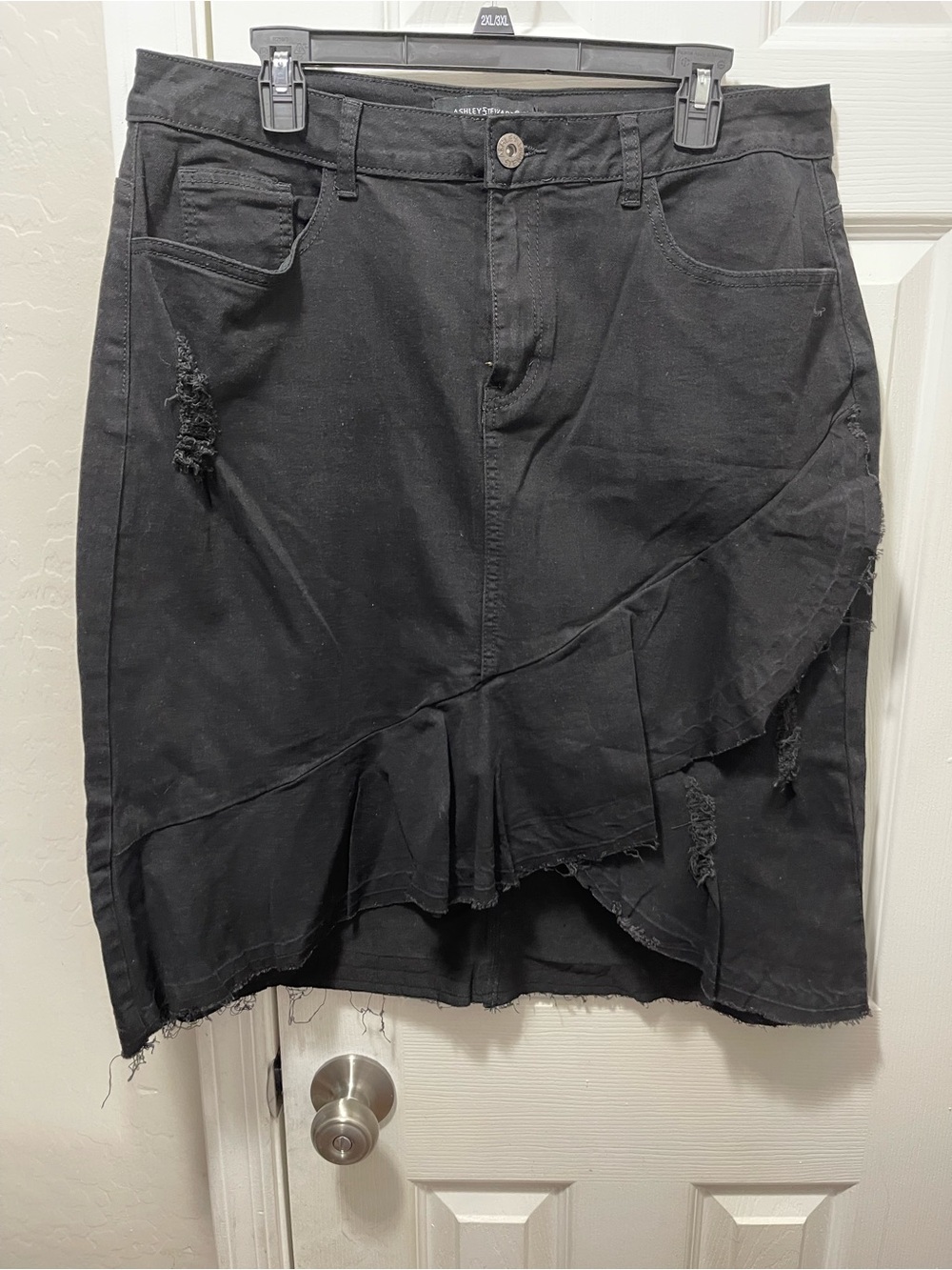 Ashley Stewart Black Distressed High-Low Ruffle Skirt